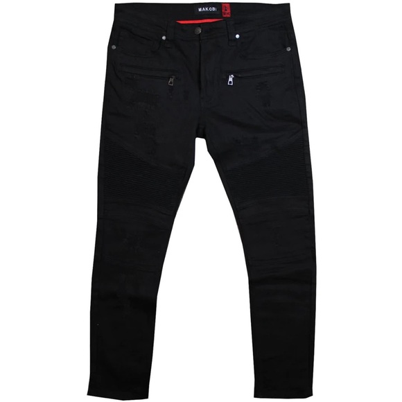 Makobi M1786 MAKOBI PRADO BIKER JEANS WITH RIP REPAIR BLACK/BLACK
